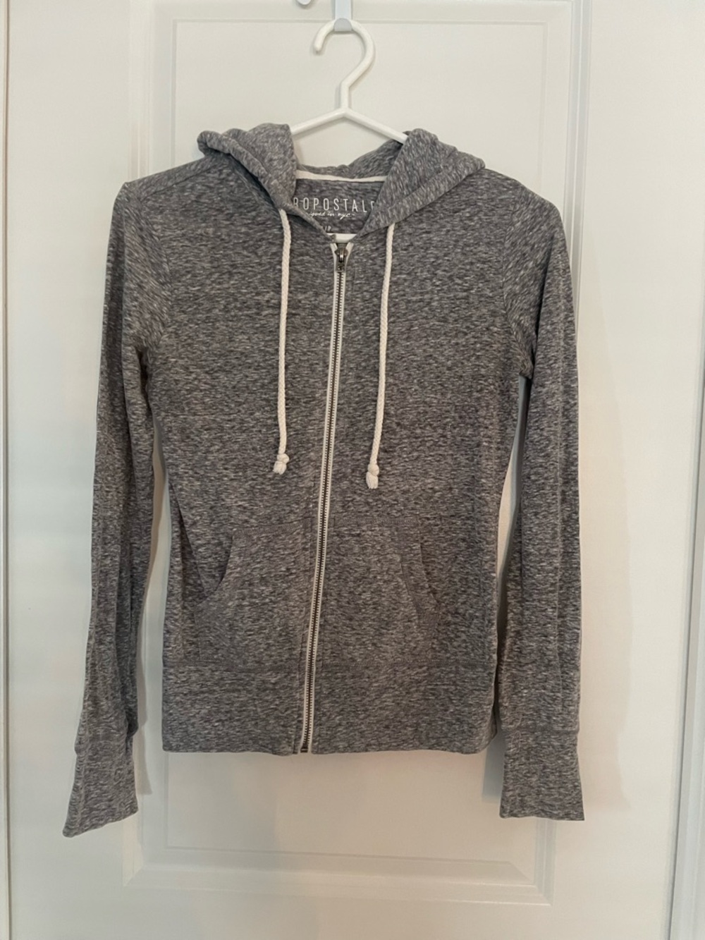 Aeropostale Lightweight Heather Gray Zip Hoodie with White Drawstrings
